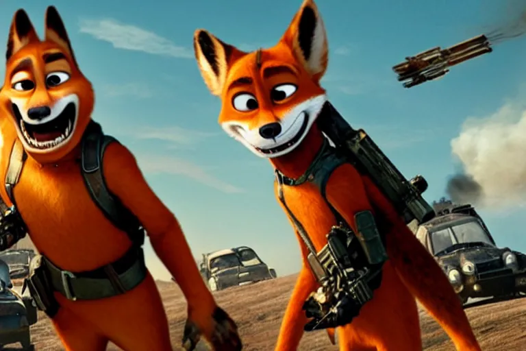 Image similar to nick wilde, heavily armed and armored facing down armageddon in a dark and gritty reboot from the makers of mad max : fury road : witness me