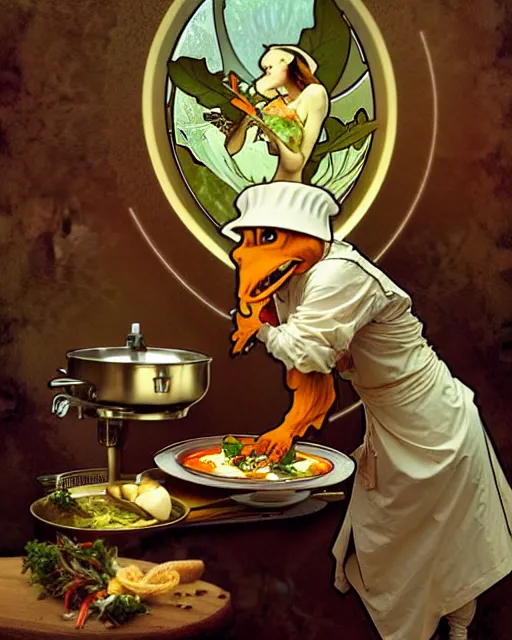 Prompt: an anthropomorphic mushroom chef cooking a meal, art by greg rutkowski and alphonse mucha