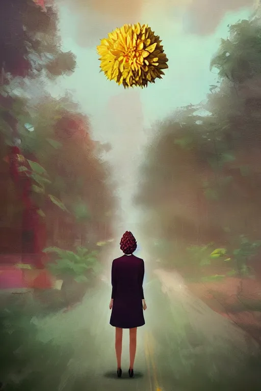 Image similar to closeup giant dahlia flower head, frontal, girl in a suit, standing in street, surreal photography, sunrise, dramatic light, impressionist painting, digital painting, artstation, simon stalenhag