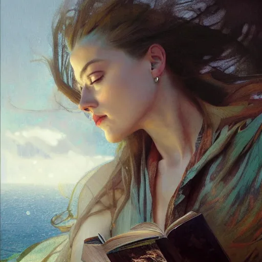 Image similar to hyperrealist portrait of a woman as amber heard reading a book atop a windy cliff by jeremy mann and alphonse mucha, fantasy art, photo realistic, dynamic lighting, artstation, poster, volumetric lighting, very detailed faces, 4 k, award winning