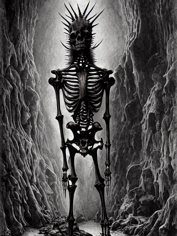 Prompt: A spiked horned human skeleton with armored joints stands in a large cave. Massive bone shoulderplates. Extremely high detail, realistic, fantasy art, solo, masterpiece, bones, ripped flesh, art by Zdzisław Beksiński, Arthur Rackham, Dariusz Zawadzki