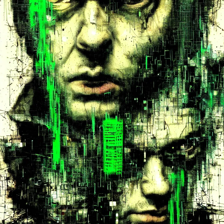 Prompt: portrait of a cyberpunk man, angry faces, mysterious, glitch effects over the eyes, by Guy Denning, by Johannes Itten, by Russ Mills, glitch art, hacking effects, chromatic, cyberpunk, intricate detail, Blue and Green, color blocking, oil on canvas, concept art, abstract, trending on artstation, masterpiece