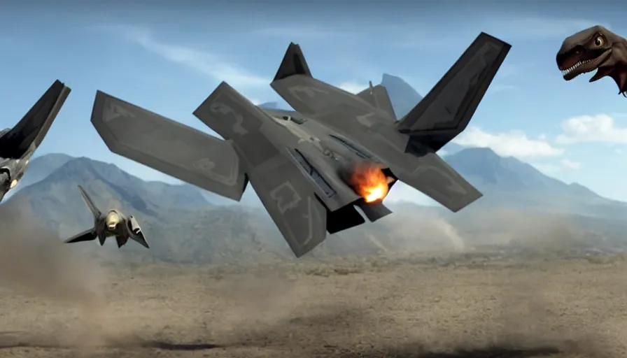 Image similar to big budget movie about dinosaur raptor fighting an f22 raptor.