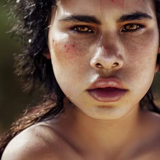 Image similar to a portrait of a maori girl with bottom lip tattoos female, dark eyes, dark hair, olive skin, depth of field, zeiss lens, detailed, centered, artstation, fashion photoshoot, by Annie Leibovitz and Steve McCurry, David Lazar, Jimmy Nelsson, Breathtaking, 8k resolution, extremely detailed, beautiful, establishing shot, artistic, hyperrealistic, beautiful face, octane render