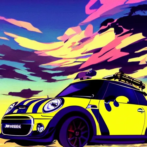 Prompt: anime art vehicle concept art, anime key visual of mini cooper s, at sunset at a beach, trending on pixiv fanbox, studio ghibli, extremely high quality artwork