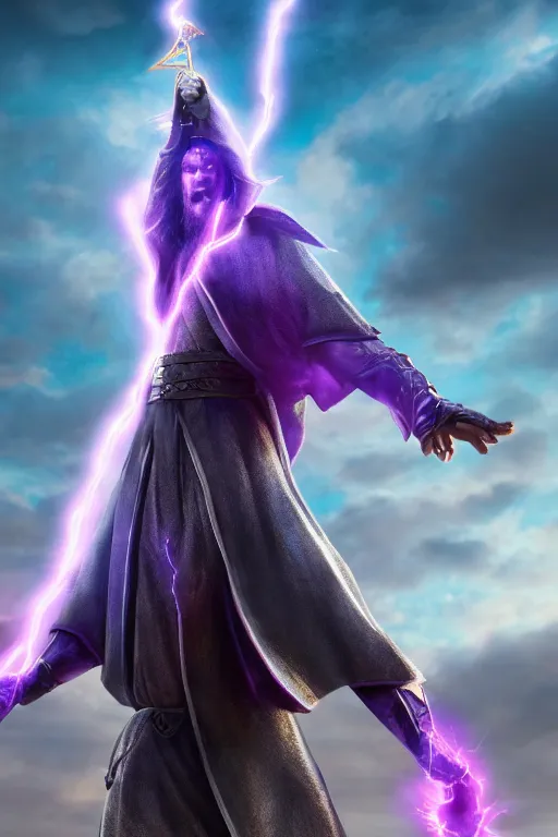 Image similar to hyper realistic wizard holding a sword that’s pointed towards the sky, getting shocked by purple lightning, standing on a mountaintop, octane, trending on artstation, hyper realistic, highly detailed, unreal engine, amazing depth of field, 8k