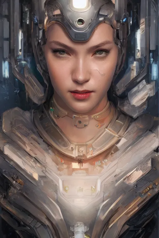 Prompt: Portrait of beautiful smiling Ultra realistic illustration, beautiful alluring female cyborg, cyberpunk, sci-fi, fantasy, intricate, elegant, highly detailed, digital painting, artstation, concept art, smooth, sharp focus, illustration, art by Yintion J , Jiang Geping and artgerm and greg rutkowski.
