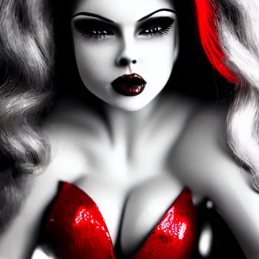 Image similar to photography detailed face kerli koivr as jessica rabbit in her red dress, femme fetal, darkroom, dramatic high contrast lighting like sin city, ultra - realistic, intricate detail, 8 k