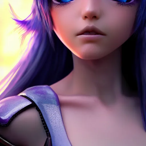 Prompt: close up, macro, detailed, render as a very beautiful 3d anime girl, goddess of lightning, long braided purple hair, azure blue eyes, full round face, short smile, cinematic lightning, medium shot, mid-shot, highly detailed, trending on Artstation, Unreal Engine 4k, cinematic wallpaper