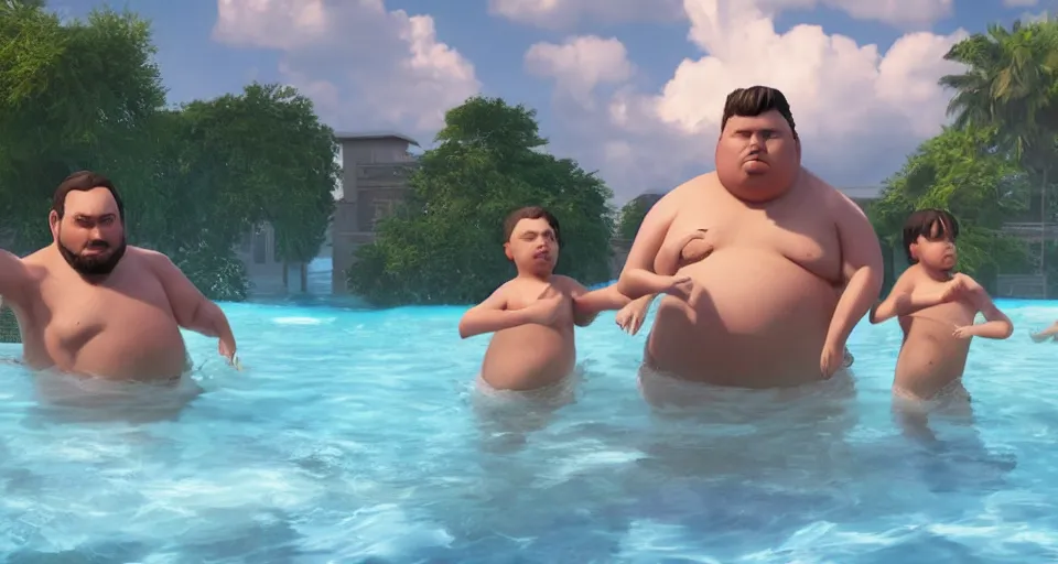 Prompt: digital art painting of exactly three brothers and their slightly overweight father in a swimming pool , unreal 5, DAZ, hyperrealistic, octane render, volumetric clouds dynamic lighting