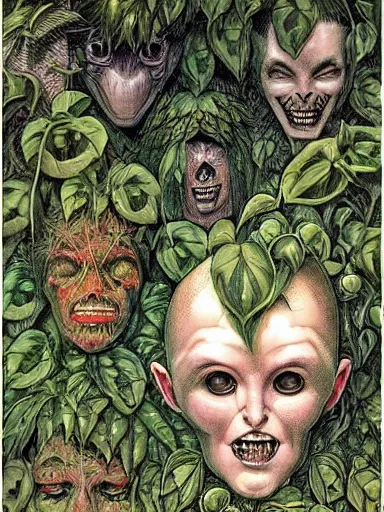 Image similar to The Hanging-Gardens of Pareidolia, ivy, verbena and pothos growing facial features and optical-illusions!!!!!, aesthetic, by Gerald Brom in the style of Johfra Bosschart in the style of,