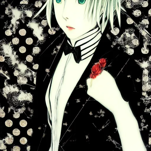Image similar to Yoshitaka Amano realistic illustration of an anime girl with short white hair and black eyes wearing tuxedo, abstract black and white patterns on the background, noisy film grain effect, highly detailed, Renaissance oil painting