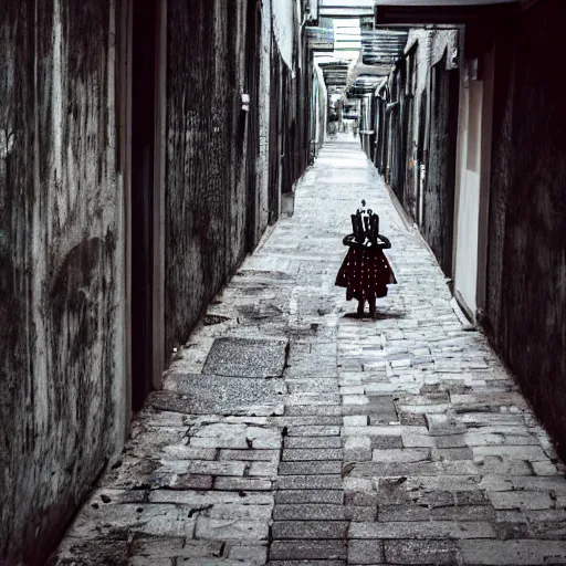 Prompt: photo of creepy harlequin in an endless alleyway