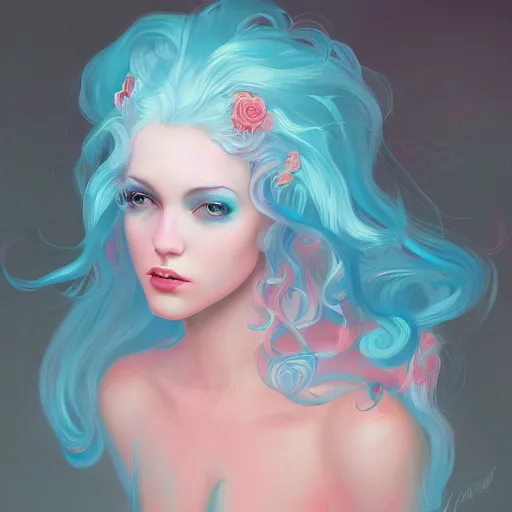 Image similar to beautiful magic angel with flowing pink hair, full body, blue piercing eyes, high brows, beautiful aesthetic, by james jean, trending on artstation, digital art