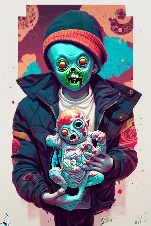 Image similar to a baby zombie in a pocket, tristan eaton, victo ngai, artgerm, rhads, ross draws