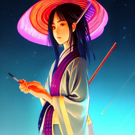 Image similar to Beautiful female samurai, with straw hat, rainy night, neon glow concept art, sharp focus, intricate, digital painting, artstation, official media, anime key visual, highly detailed, rich vivid colors ambient lighting, illustration, art by Artgerm, Makoto Shinkai, Ilya Kuvshinov, Lois Van Baarle and Rossdraws