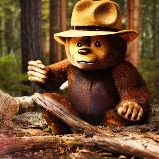Prompt: UHD canndid photo of Smokey The Bear in the woods, sitting on the porcelain throne, by Annie leibowitz, photorealisitc, extremely detailed