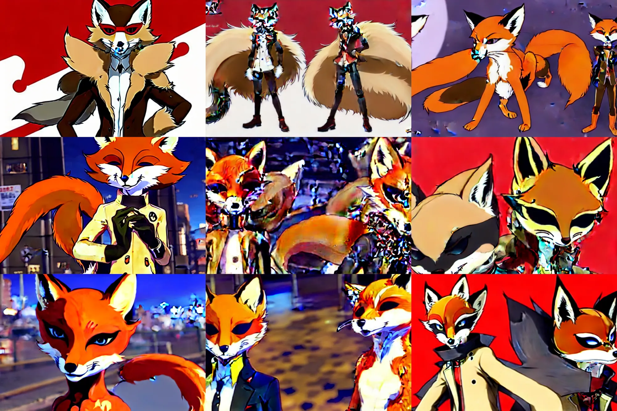 Prompt: a furry tan male fox on a persona 5 : royal ( by atlus ) video game splash screen, a furry male sandy sand - colored beige tan fur fox fursona ( has light brown hair ), persona 5 phantom thief style