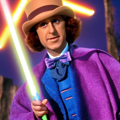 Prompt: willy wonka as a jedi from star wars, using jedi robe and holding a lightsaber, realistic 4 k,