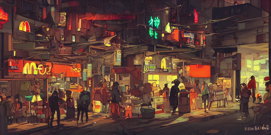 Image similar to a busy backalley cyberpunk mcdonalds by kirokaze