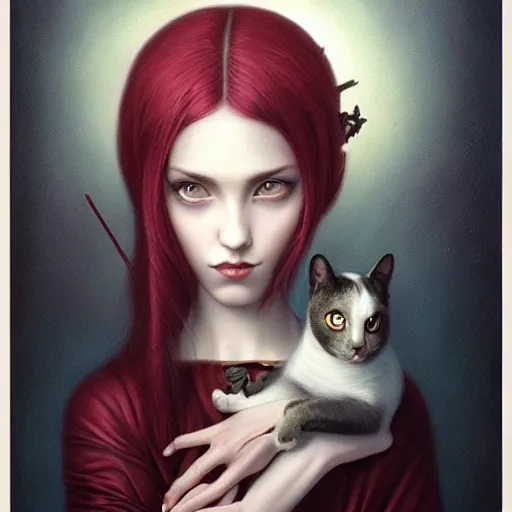 Image similar to a painting of a woman holding a cat, a photorealistic painting by tom bagshaw and ( ( ( mark ryden ) ) ), trending on deviantart, gothic art, ilya kuvshinov, goth, storybook illustration