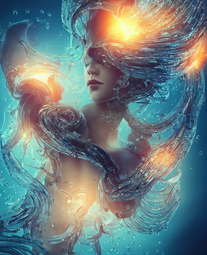 Image similar to close-up macro portrait of the face of a beautiful princess, epic angle and pose, symmetrical artwork, 3d with depth of field, blurred background, cybernetic jellyfish female face skull phoenix bird, translucent, nautilus, energy flows of water and fire. a highly detailed epic cinematic concept art CG render. made in Maya, Blender and Photoshop, octane render, excellent composition, cinematic dystopian brutalist atmosphere, dynamic dramatic cinematic lighting, aesthetic, very inspirational, arthouse. y Greg Rutkowski, Ilya Kuvshinov, WLOP, Stanley Artgerm Lau, Ruan Jia and Fenghua Zhong