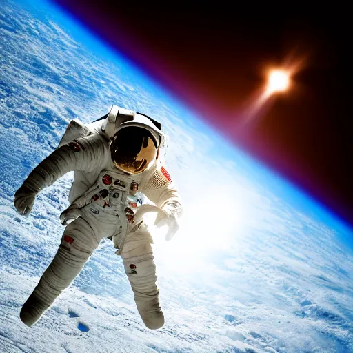 Image similar to photograph of an astronaut against the darkness of space, singular light source from below, full body photo, amazing light and shadow contrast, 8 k