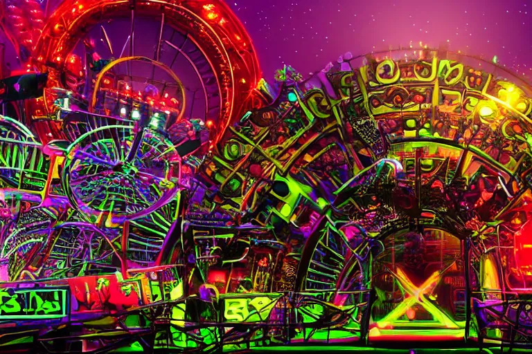 Prompt: an outdoor festival stage, big neon letters tripmachine, center of the stage is a big futuristic steampunk generator with gears and tubes, a rollercoaster wtih steamtrain over the stage, rock musicians on the stage, laser show, 8 k, fluorescent colors, halluzinogenic, multicolored, exaggerated detailed, unreal engine