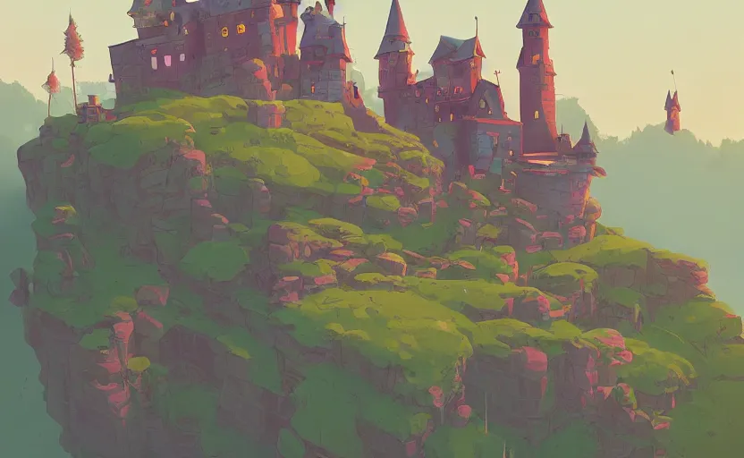 Image similar to old tiny magical castle school on a hill, students flying on brooms, james gilleard, moebius, print, game art