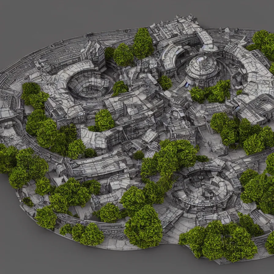 Prompt: architectural model, isometric view, 3 d render, studio lighting, low contrast, dark background, highly detailed, a plot with a medium height circular house with circular courtyards, tree