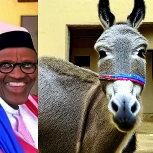 Prompt: A donkey with Muhammadu Buhari's face