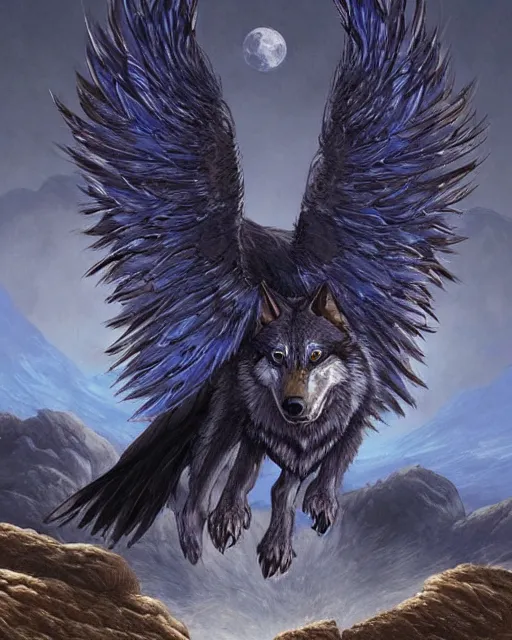 Prompt: blue feathered wolf with wings on a beautiful fantasy landscape, hills, mountains, moonlit, hd, illustration, epic, d & d, fantasy, intricate, elegant, highly detailed, digital painting, artstation, concept art, smooth, sharp focus, illustration, wallpaper, art by artgerm and greg rutkowski and alphonse mucha and jin xiaodi