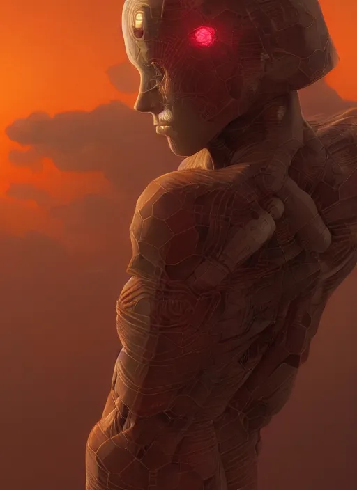 Prompt: biblical female android, hexagonal pattern on skin, glowing veins, in clouds, sunset, portrait by wayne barlowe, studio lighting, muted colors, by frank frazetta, extreme detail, reflections, trending on artstation, 8 k