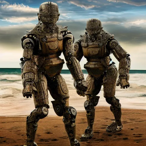 Prompt: bipedal humanoid robot invading omaha beach, hyper realistic, 4 k, highly ornate intricate details, sharp image, incredible detail,