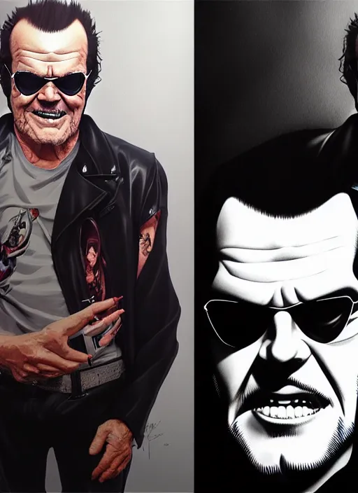 Prompt: a potrait of jack nicholson clothed in vinyl and leather as an anime, fine, realistic, shaded, lighting, ilya, kuvshinov, katsuhiro, artgerm, jeremy, lipkin, michael, garmash, unreal, engine, 5, radiant, light, detailed, intricate, environment