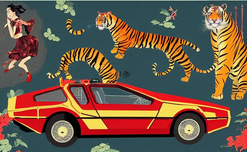 Prompt: a red delorean and yellow tiger, art by hsiao - ron cheng & utagawa kunisada in magazine collage style,