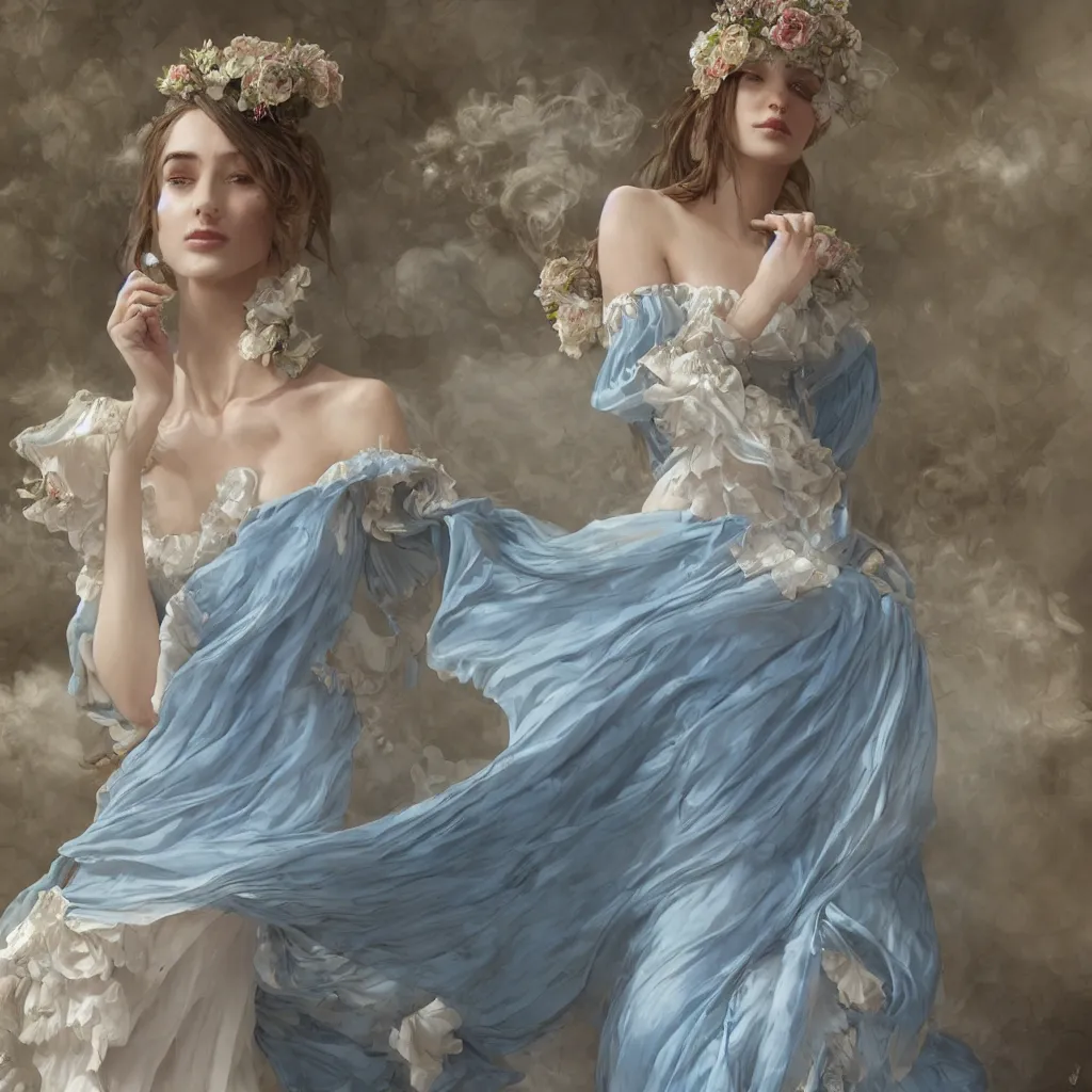 Image similar to one woman dressed in a vaporous wrapped large victorian cream roses silk semi-transparent blue and cream dress fashion is running D&D, fantasy, intricate, elegant, highly detailed, digital painting, artstation, concept art, matte, sharp focus, illustration, art by Artgerm and Greg Rutkowski and Alphonse Mucha, UHD