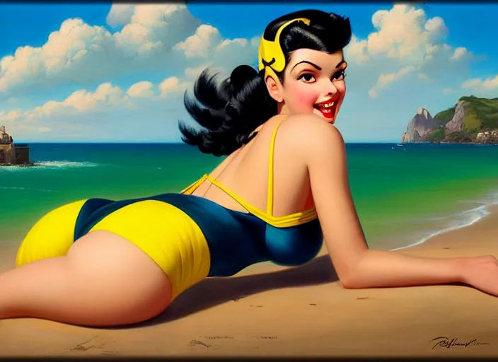 Image similar to the style of the artist gil elvgren, a girl with black hair, overwatch tracer, with a very beautiful symmetrical face, a smile on her face, tanned skin, in a yellow bikini, against the background of a sea beach, in art style, high detail, digital painting, hyperrealism