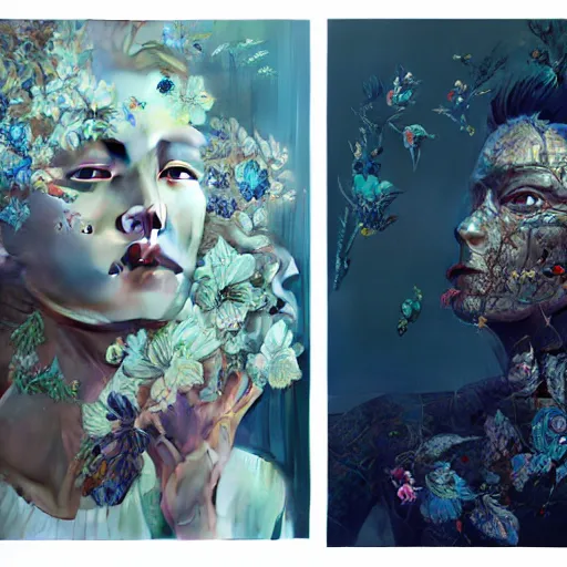 Prompt: 3 d, fashion models look into the frame, moon ryas, intricate oil painting, hyper detail, figurative art, multiple exposure, poster art, 3 d, by tooth wu and wlop and beeple