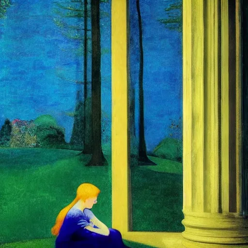 Image similar to a young girl lost in a blue golden forest, film still by edward hopper, by Pontormo, by klimt, art noveau, highly detailed, strong lights, liminal, eerie, Bright pastel colors