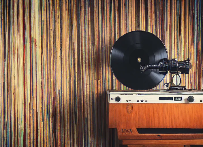 Image similar to photography of a Cat sitting on a record player. in a room full of vinyls and posters out of the 70's, photorealistic, raining award winning photo, 100mm, sharp, high res