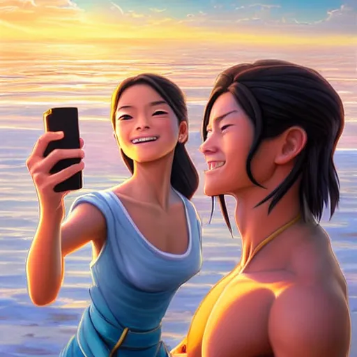 Image similar to beautiful serene intricate portrait of katara and toph beifong taking a selfie, smiling softly, relaxing on the beach, golden hour, soft focus, 8 k, art by irakli nadar, hyperrealism, hyperdetailed, ultra realistic