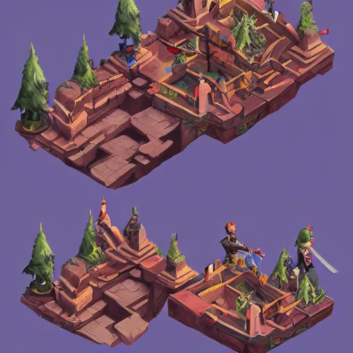 Prompt: Nine separated props contaning trees, houses, box, treasures, bricks, castle, swords, and magic weapons from a game asset concept by Jen Zee, Rossdraws, James Jean, Andrei Riabovitchev, 2d side scrolling game , and Sakimichan, trending on artstation , assets