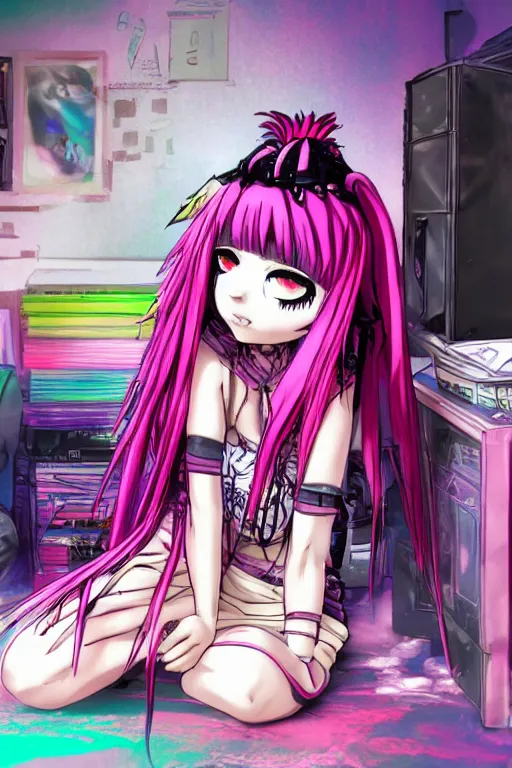 Prompt: goth chibi anime girl with pink dreads sitting on the floor of a cluttered 9 0 s bedroom, vaporwave colors, lo - fi, concept art, smooth, detailed, 4 k, hd,