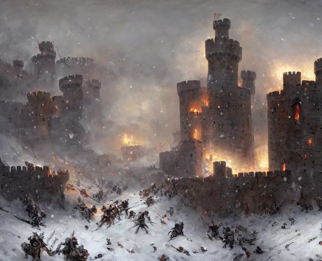 Image similar to Siege of a medieval castle in winter while two great armies face each other fighting below and catapults throw stones at the castle destroying its stone walls, heavy snow storm, fantasy, medieval, fire, explosions and grey smoke here and there, highly detailed, Artstation, oil on canvas painting by greg rutkowski