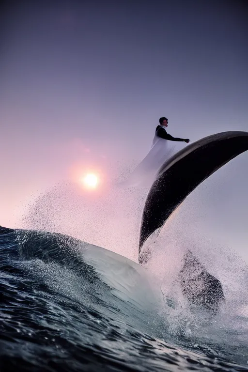 Prompt: white man in black suit surfs in office, sunset, aurora, dslr, insane details, flying dolphins, hyper reallistic, 8 k,, ultra clear detail, hdr, textured, award winning, professional photography