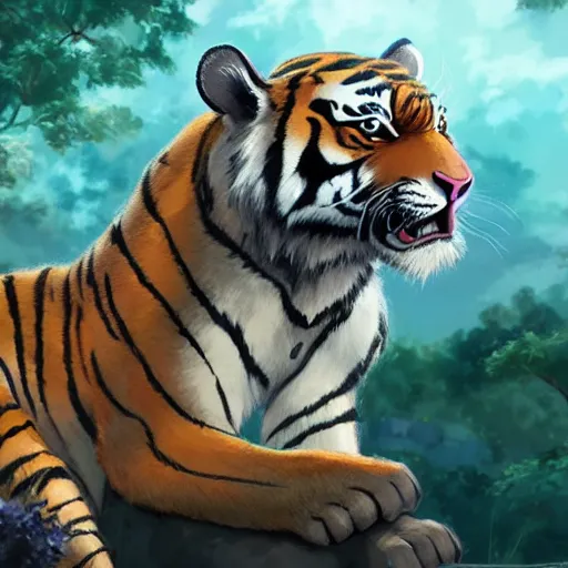 Image similar to a tiger wearing a dress, illustration concept art anime key visual trending pixiv fanbox by wlop and greg rutkowski and makoto shinkai and studio ghibli and kyoto animation symmetrical facial features