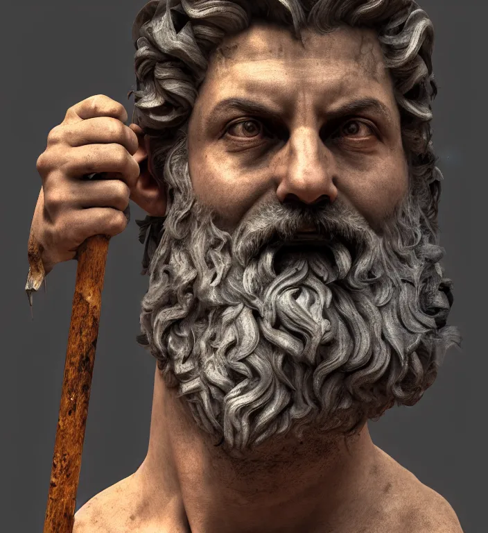 Image similar to masterpiece portrait of a greek god hephaestus, top lighting, holding forge hammer, creepy, disfigured, dslr, shallow depth of field, cryengine, lumion render, 8 k realistic hyper detailed, digital painting, artstation, concept art, ray tracing, realistic shaded