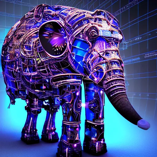 Image similar to hyper realistic cybertronic elephant. high details of body and face. complex aetheral mechanical body. blue led. cyberpunk style, intricate, trending on art station, 8 k render.