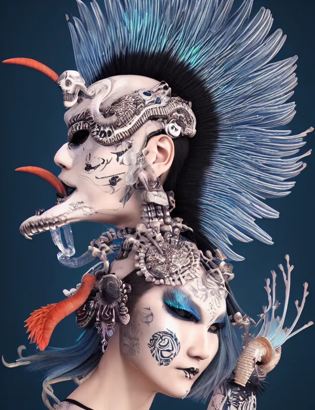 Image similar to 3 d goddess close - up profile portrait punk with mohawk with ram skull. beautiful intricately detailed japanese crow kitsune mask and clasical japanese kimono. betta fish, jellyfish phoenix, bio luminescent, plasma, ice, water, wind, creature, artwork by tooth wu and wlop and beeple and greg rutkowski